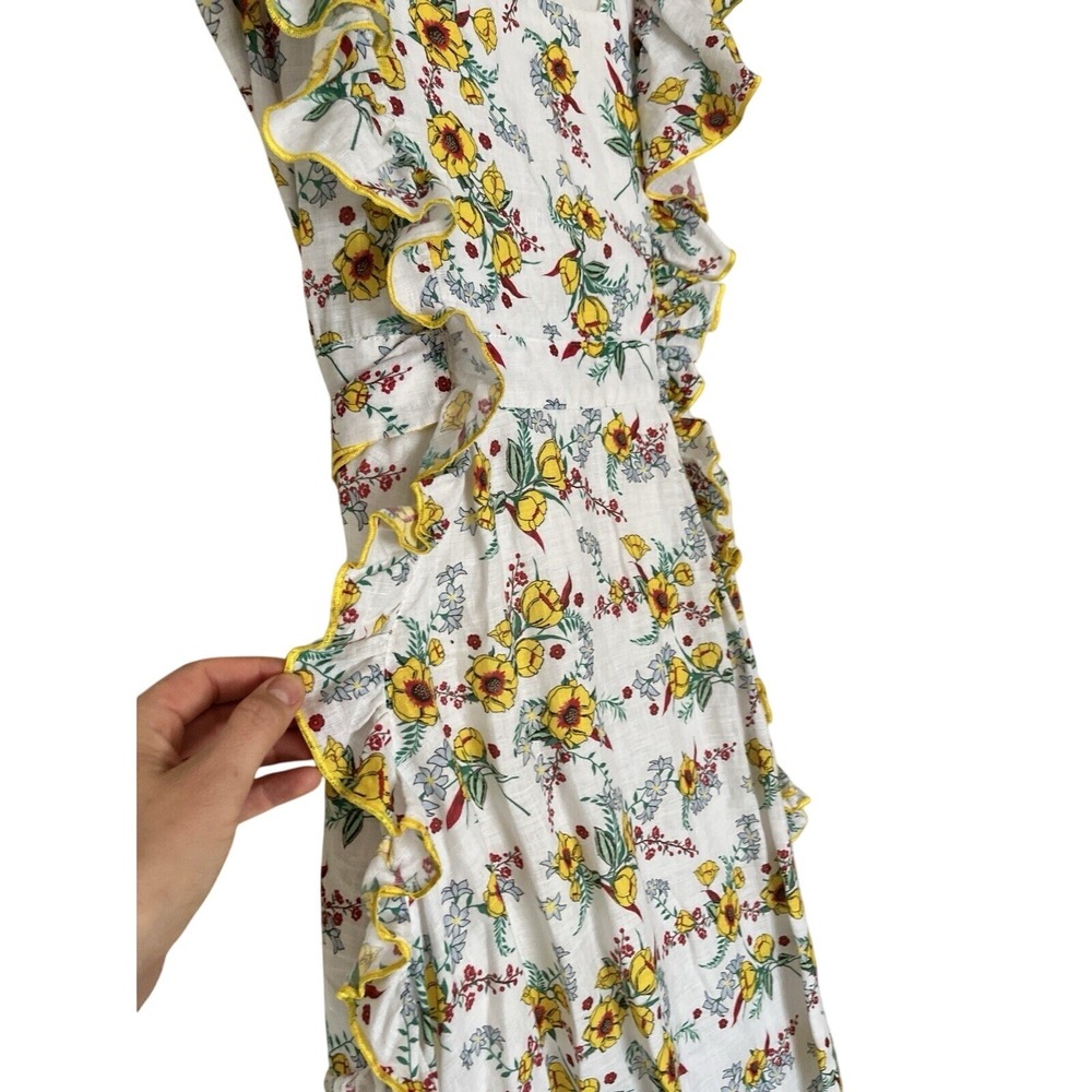 Gul Hurgel Floral White Yellow Ruffle 100% Linen Dress Pinafore Pockets Small - Picture 5 of 16